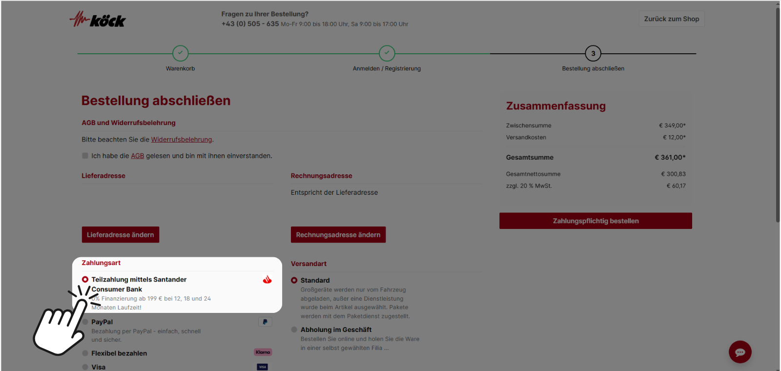 Zahlungsart Santander wählen